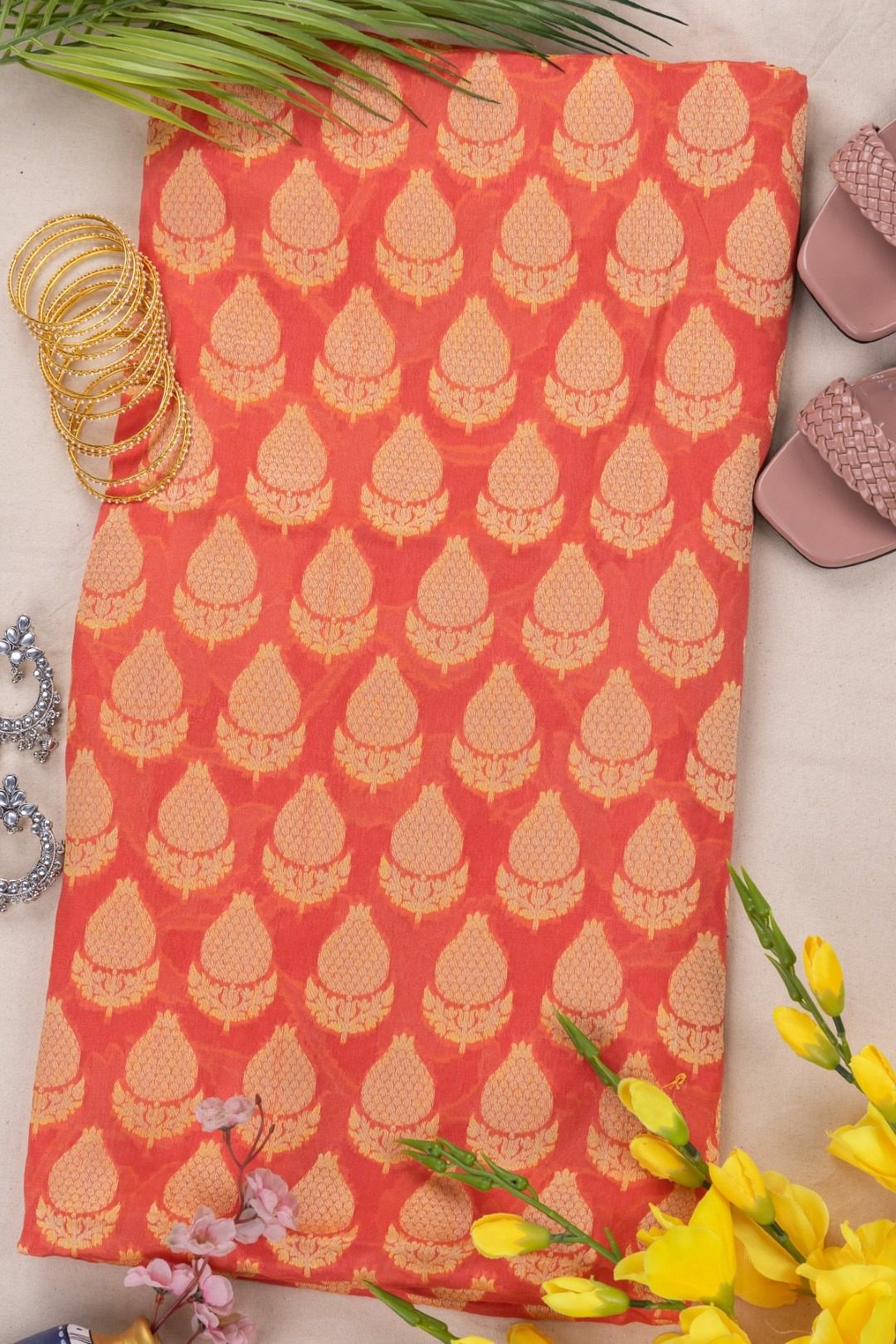 Adrika's Pure Handloom Banarasi Chiffon Neon Orange Kurti & Dupatta Set with Zari Work