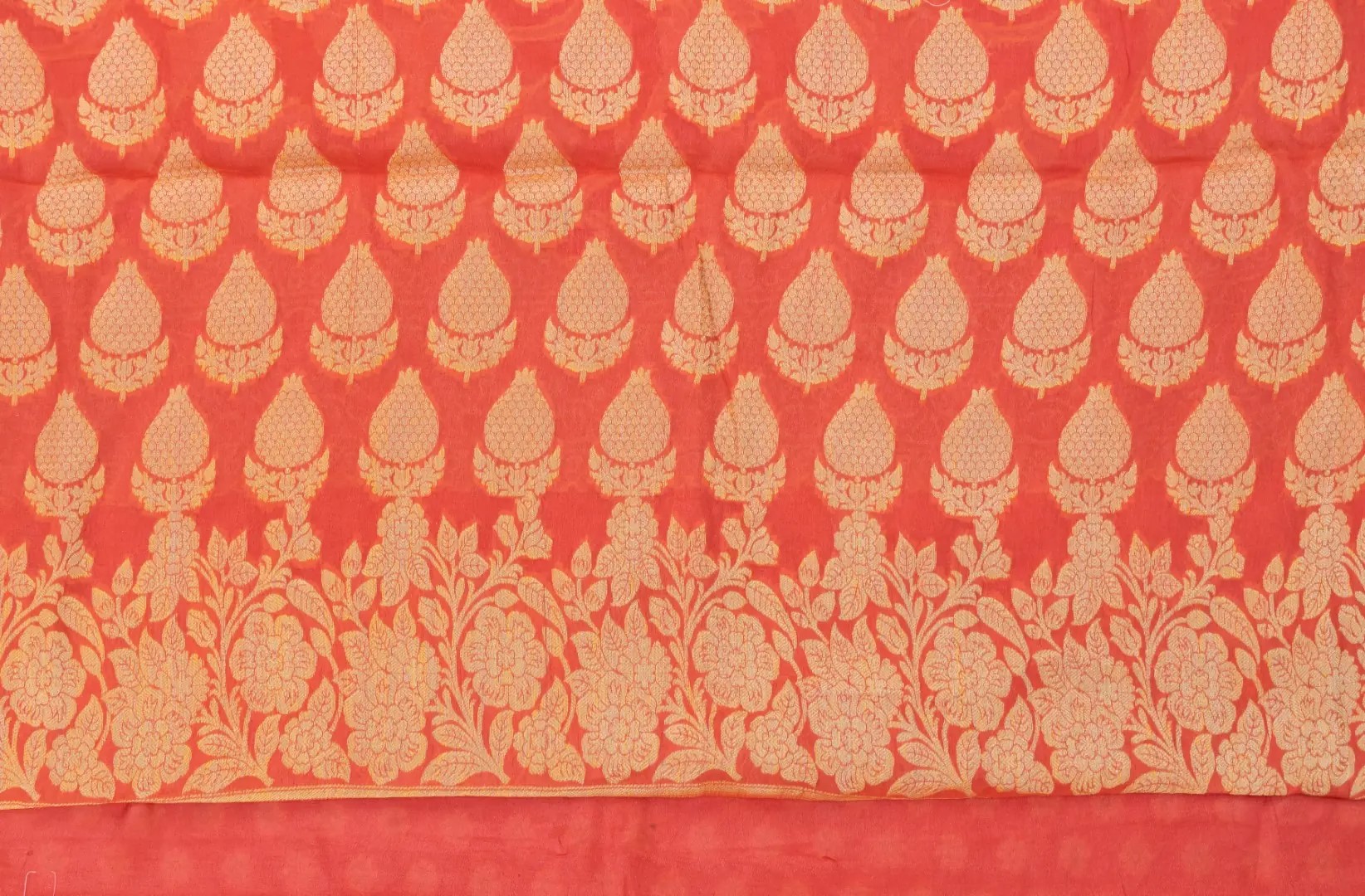 Traditional Pure Handloom Banarasi Chiffon Neon Orange Kurti & Dupatta Set with Zari Work by Adrika