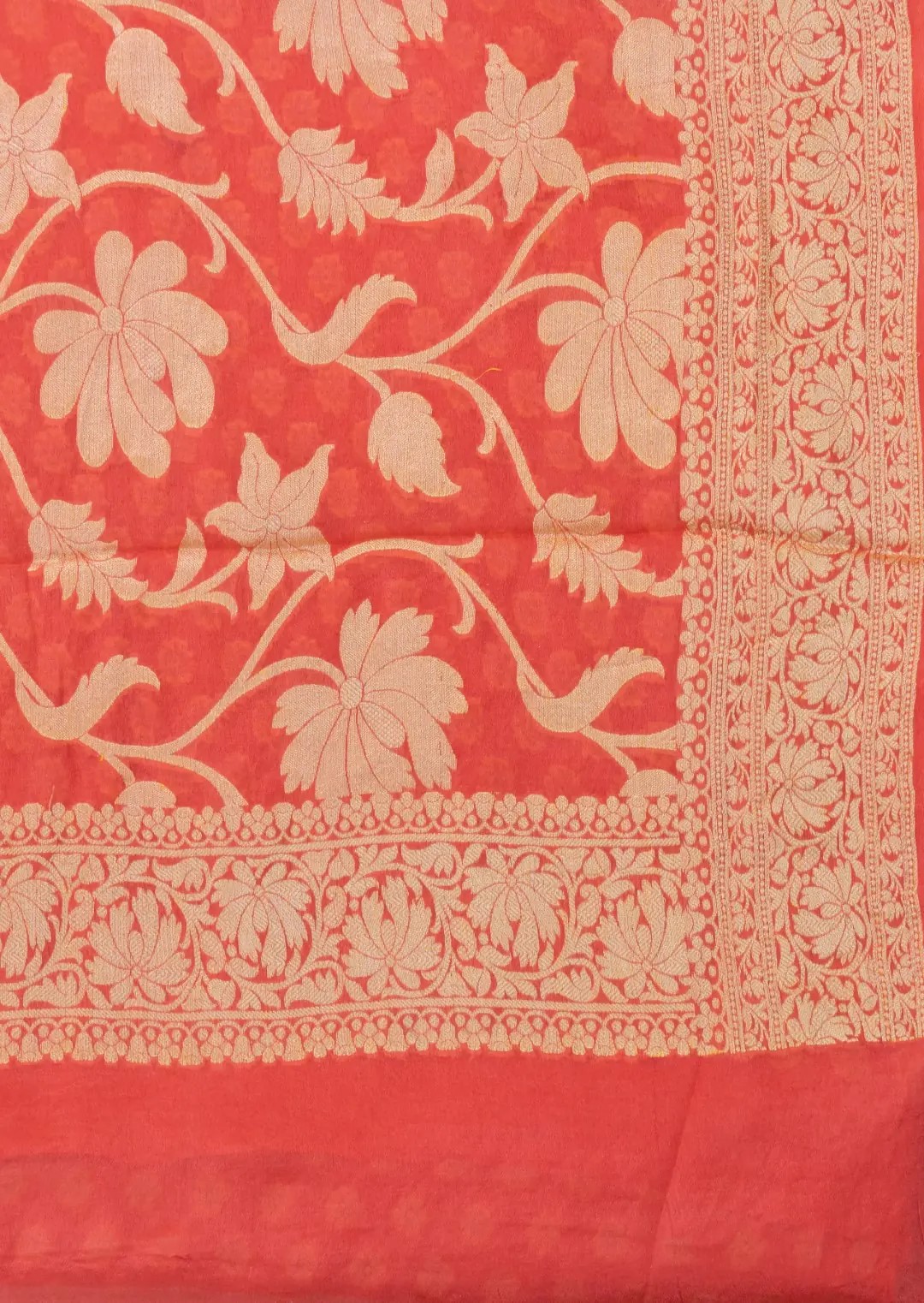 Adrika's luxurious Pure Handloom Banarasi Chiffon Neon Orange Kurti & Dupatta Set with intricate Zari detailing