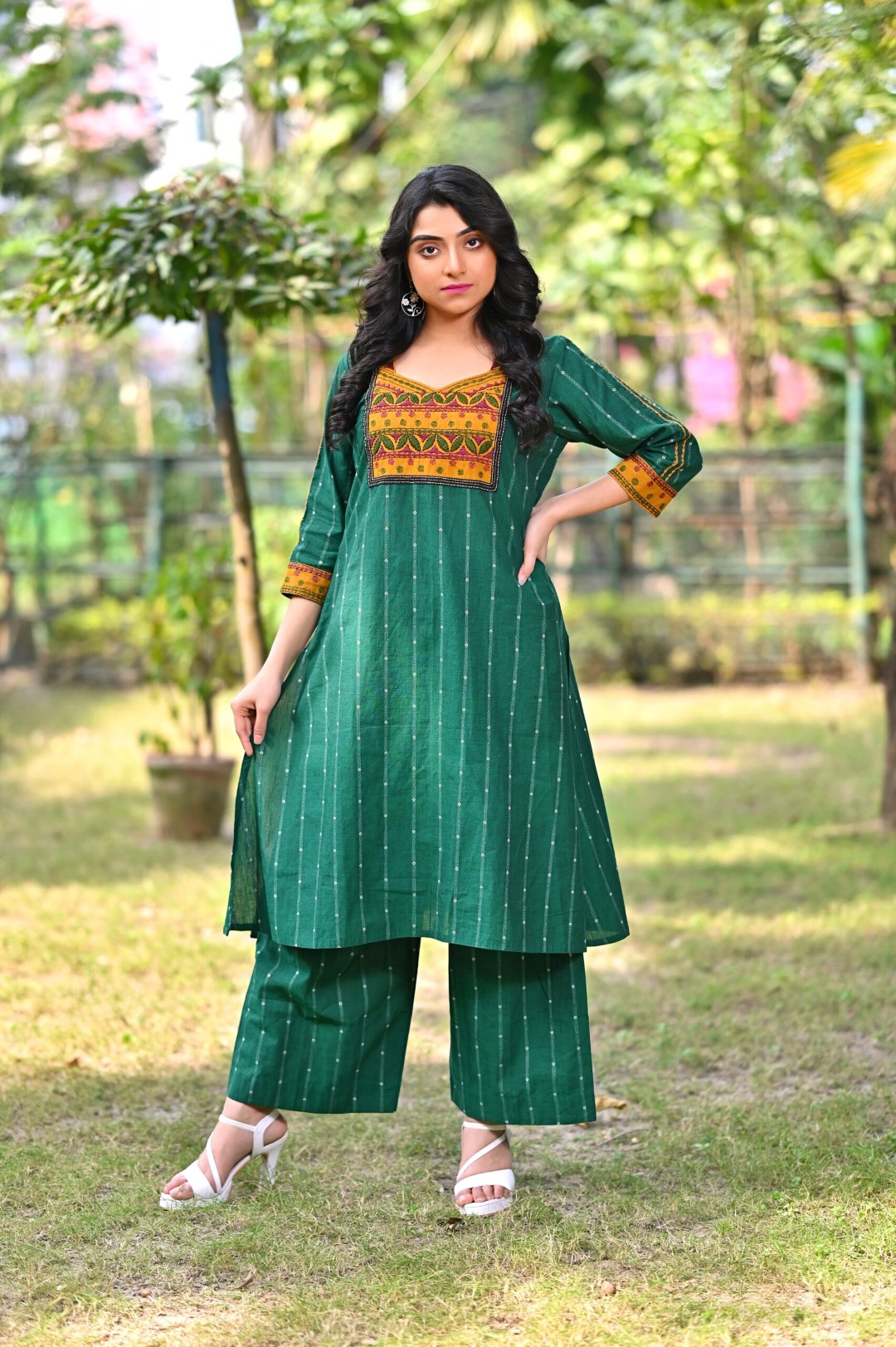 Elegant Hand Embroidered Khadi Cotton 2 Pc Kurti Set by Adrika