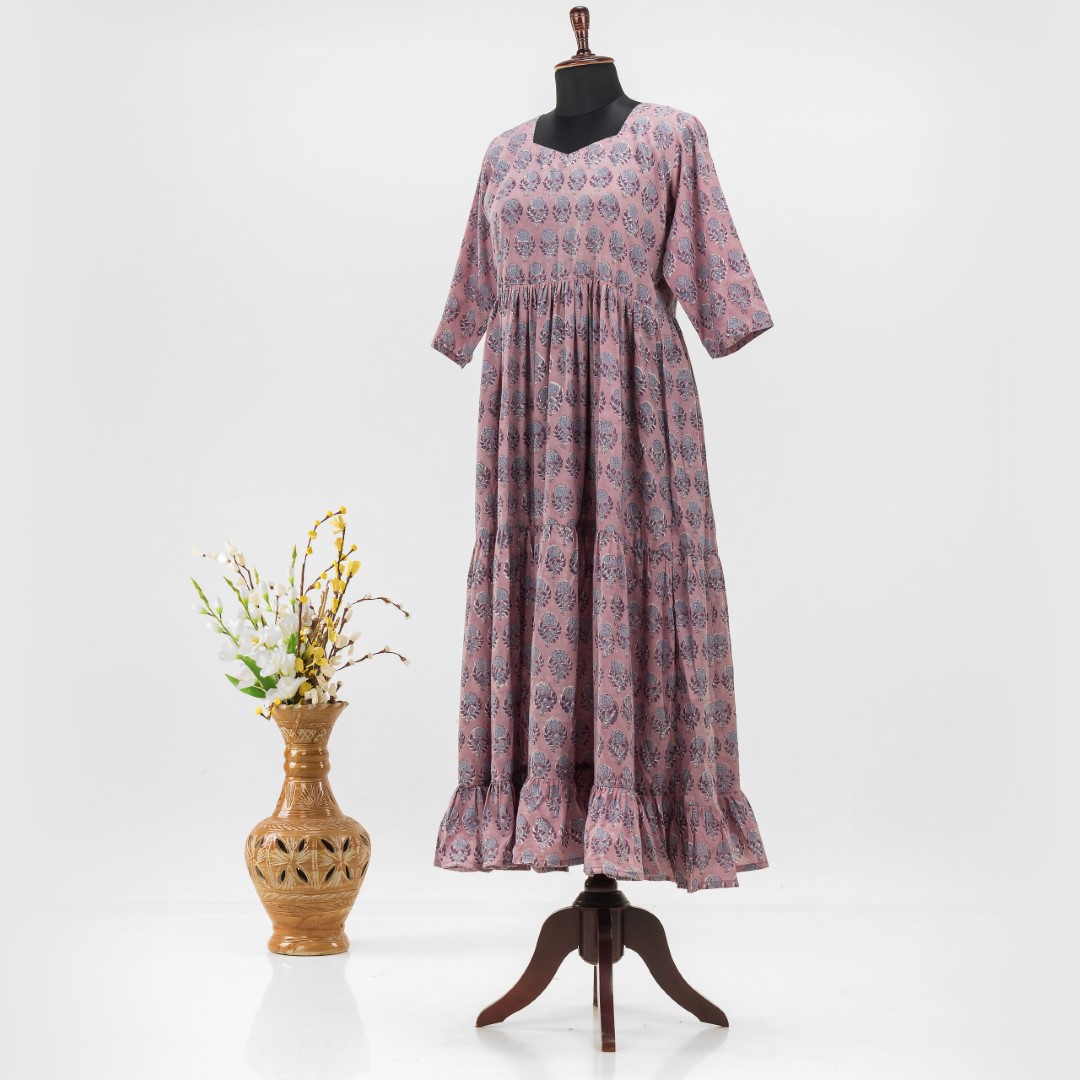 Adrika's Floral Block Print Dress: Elegant Cotton Style