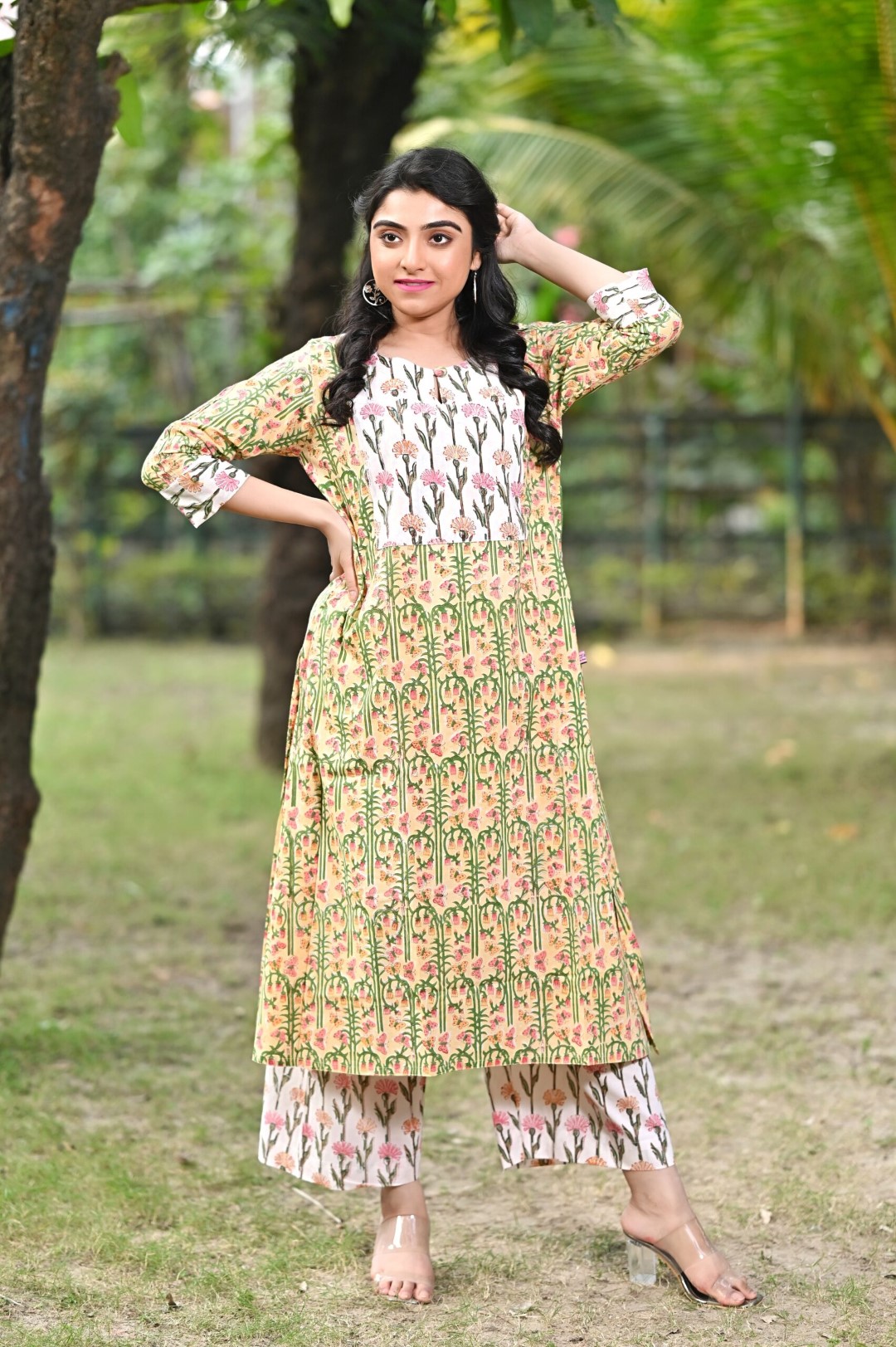 Traditional hand block printed cotton kurti and pants ensemble