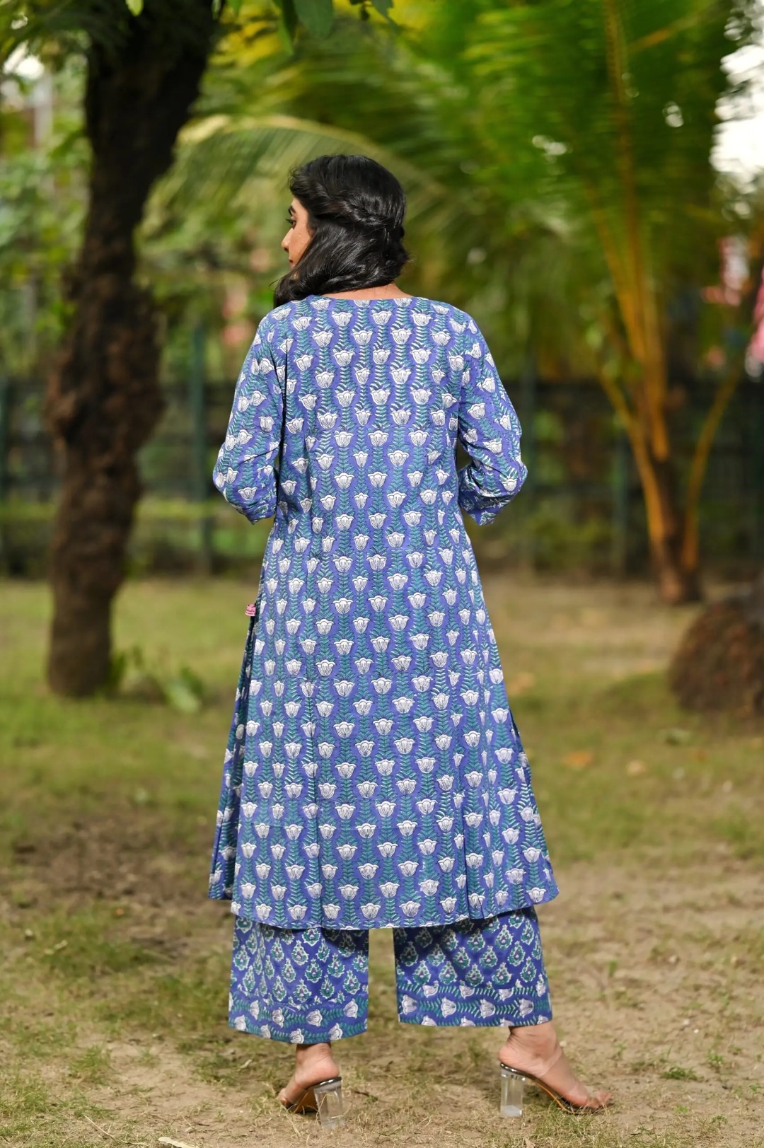 Ethnic Indian two-piece cotton kurti set featuring hand block art