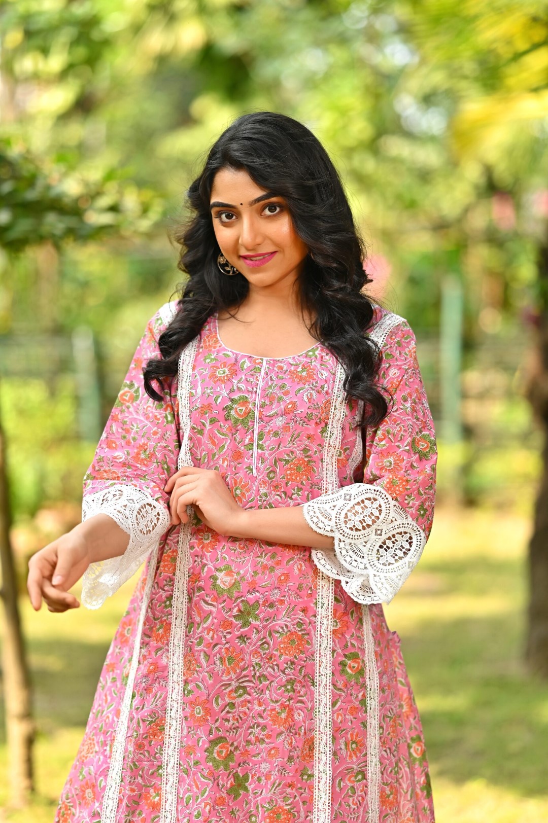 Stylish two-piece cotton kurti set with hand block designs