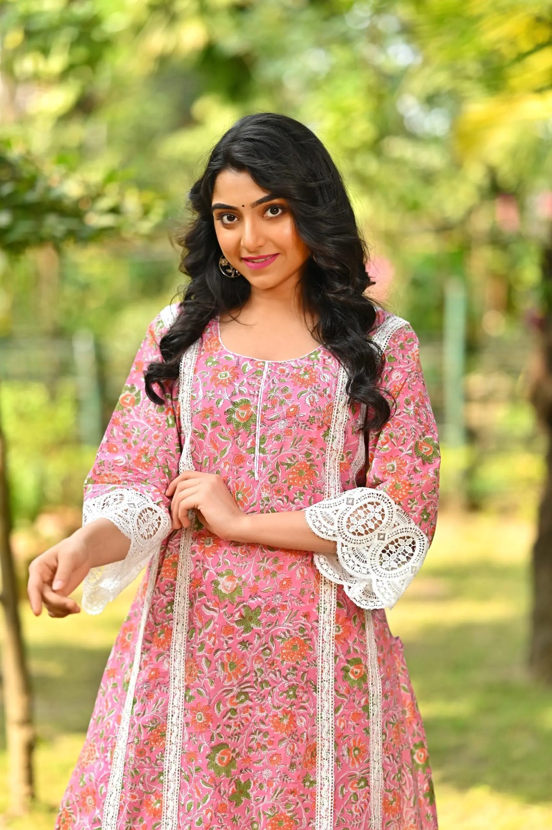 Stylish two-piece cotton kurti set with hand block designs