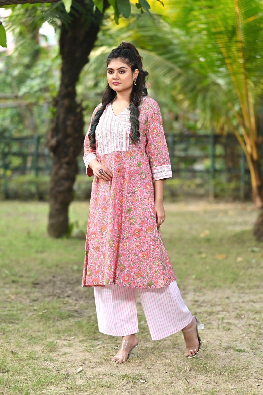 Artisanal hand block printed cotton kurti and pants ensemble