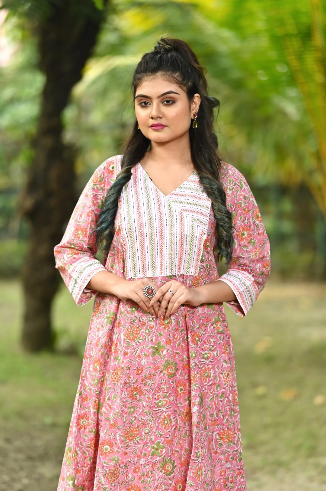 Comfortable cotton kurti and pants set with hand block printing