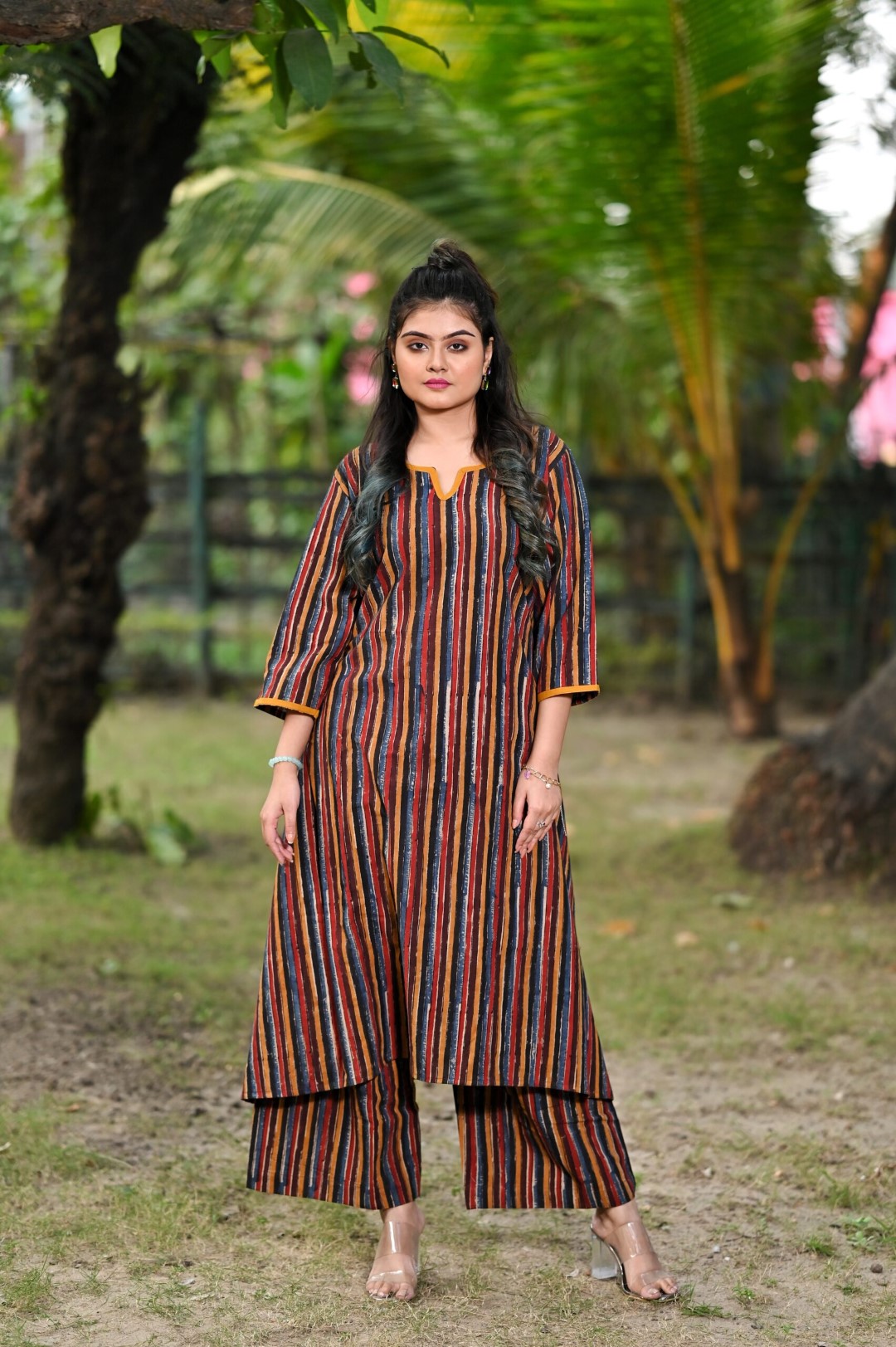 Two-piece cotton kurti ensemble with hand block printing